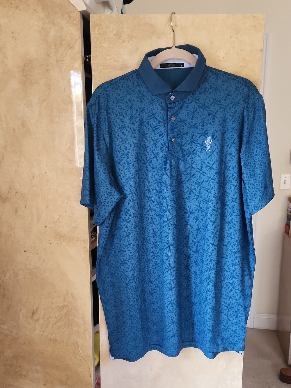 Men's by Greyson in Teal Color with Geo-Pattern Short-Sleeve Polo with golf logo